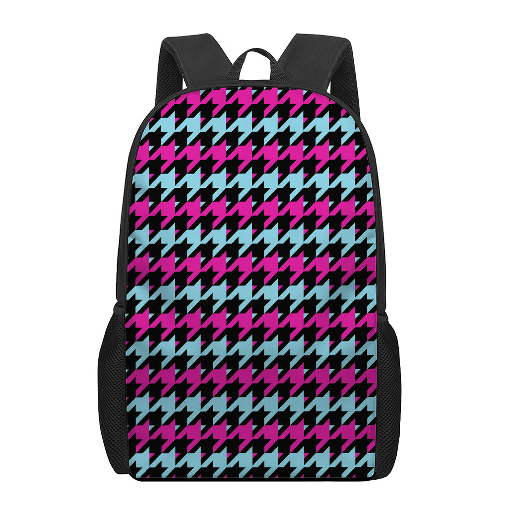 Pink Blue And Black Houndstooth Print 17 Inch Backpack