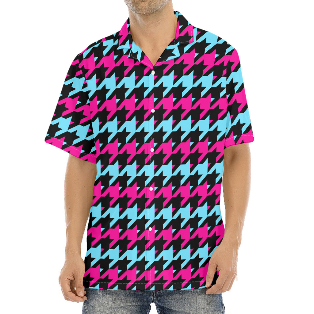 Pink Blue And Black Houndstooth Print Aloha Shirt