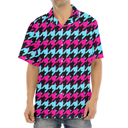 Pink Blue And Black Houndstooth Print Aloha Shirt