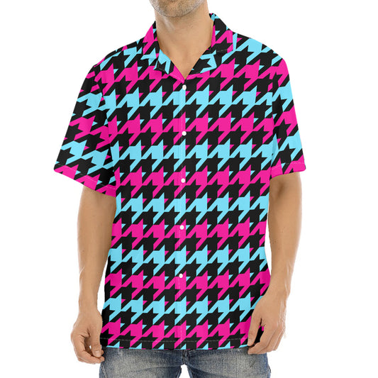 Pink Blue And Black Houndstooth Print Aloha Shirt