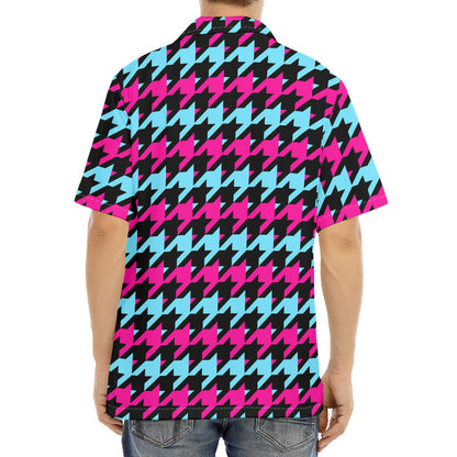 Pink Blue And Black Houndstooth Print Aloha Shirt
