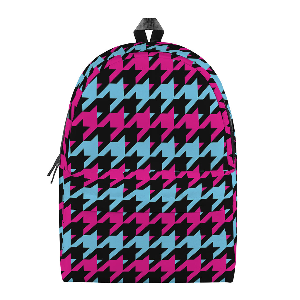 Pink Blue And Black Houndstooth Print Backpack