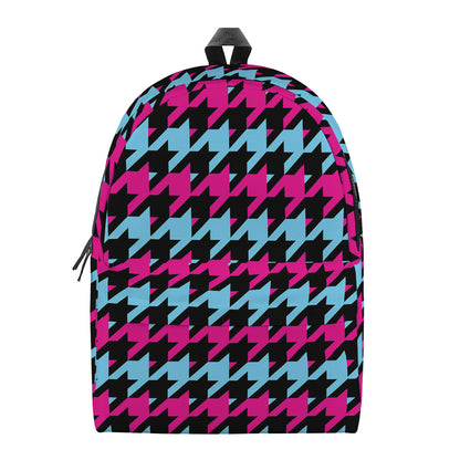 Pink Blue And Black Houndstooth Print Backpack