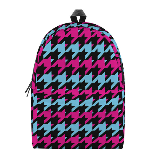 Pink Blue And Black Houndstooth Print Backpack