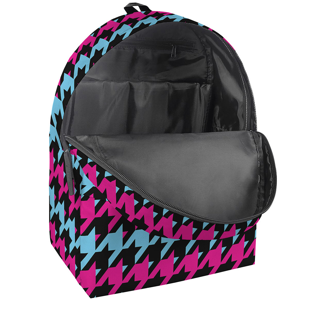 Pink Blue And Black Houndstooth Print Backpack
