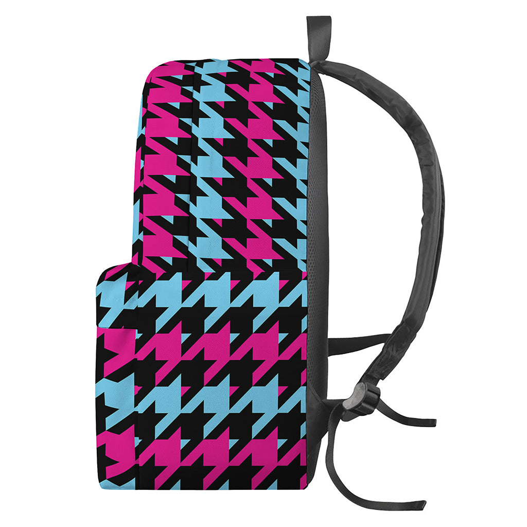 Pink Blue And Black Houndstooth Print Backpack