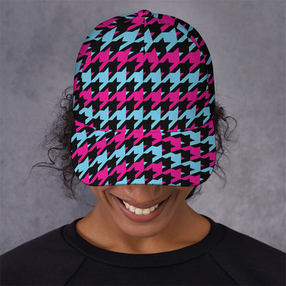 Pink Blue And Black Houndstooth Print Baseball Cap