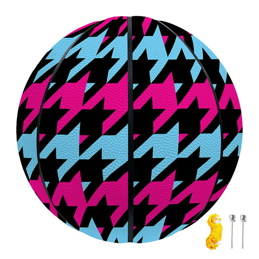 Pink Blue And Black Houndstooth Print Basketball