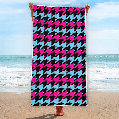 Pink Blue And Black Houndstooth Print Beach Towel