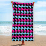 Pink Blue And Black Houndstooth Print Beach Towel