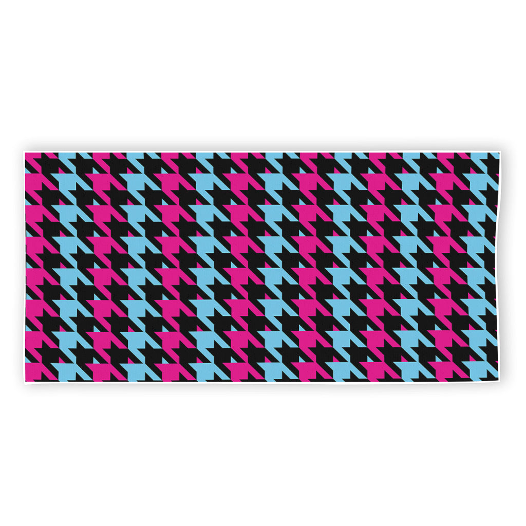 Pink Blue And Black Houndstooth Print Beach Towel