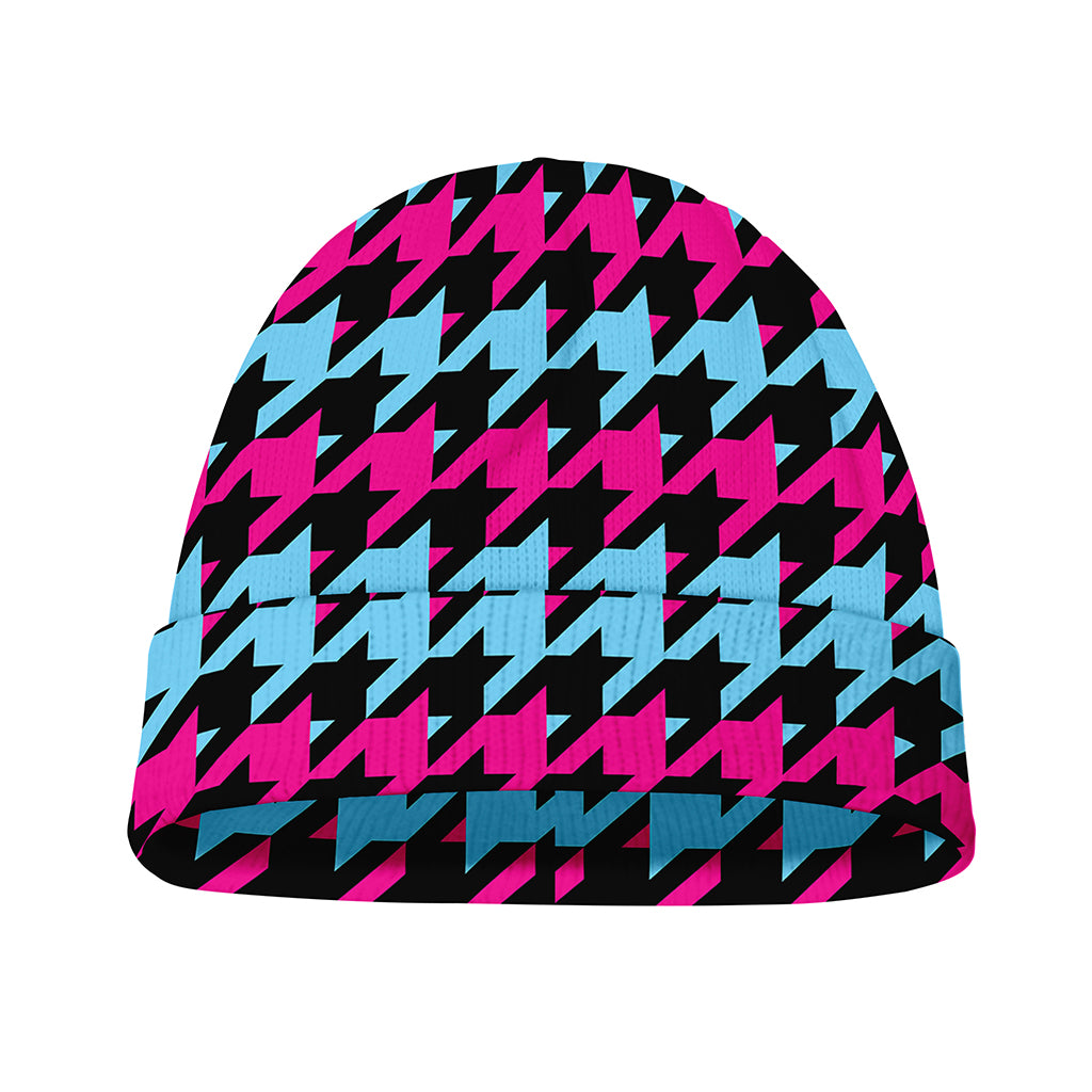 Pink Blue And Black Houndstooth Print Beanie