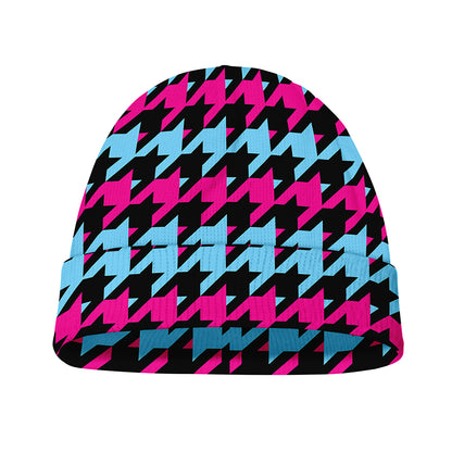 Pink Blue And Black Houndstooth Print Beanie