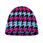 Pink Blue And Black Houndstooth Print Beanie