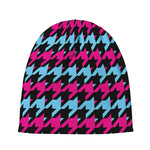 Pink Blue And Black Houndstooth Print Beanie
