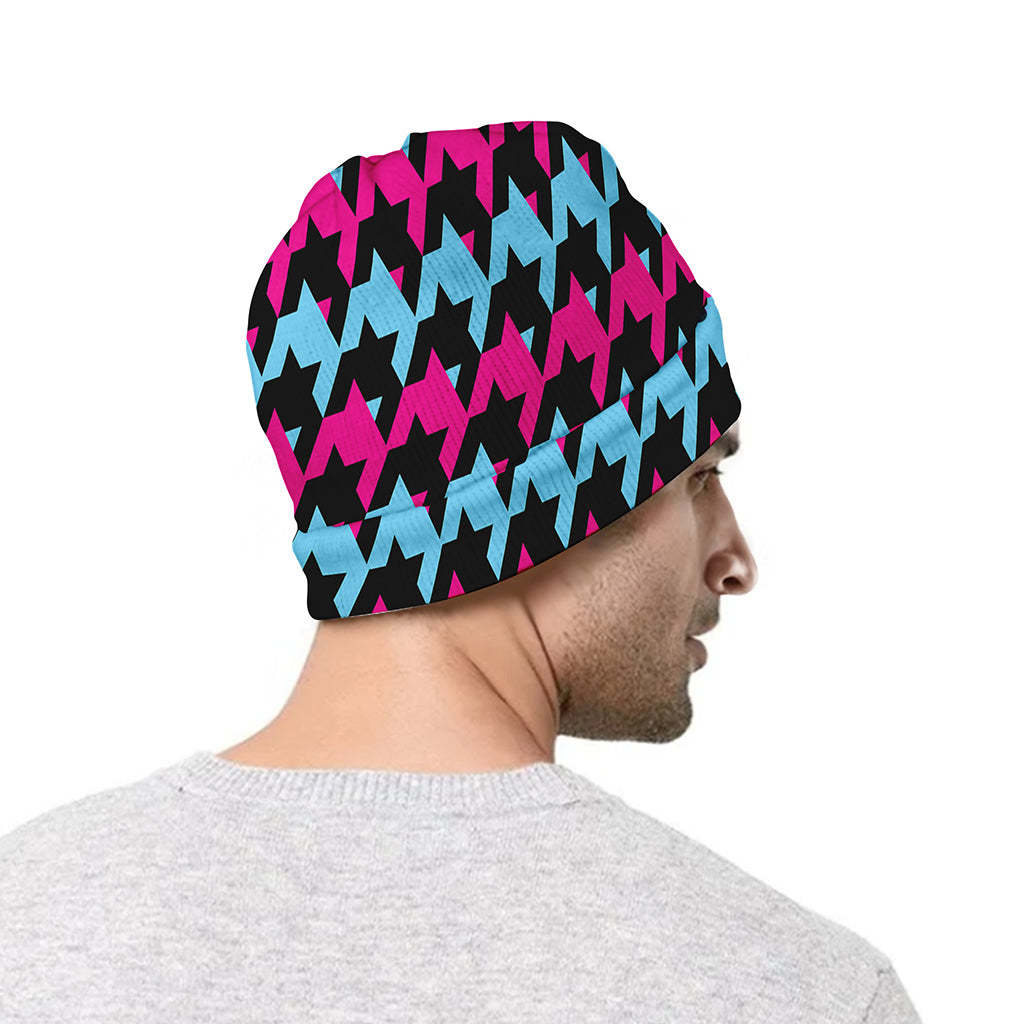 Pink Blue And Black Houndstooth Print Beanie