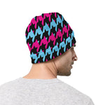 Pink Blue And Black Houndstooth Print Beanie