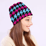 Pink Blue And Black Houndstooth Print Beanie