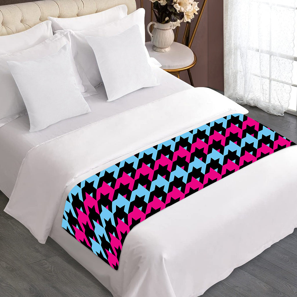 Pink Blue And Black Houndstooth Print Bed Runner