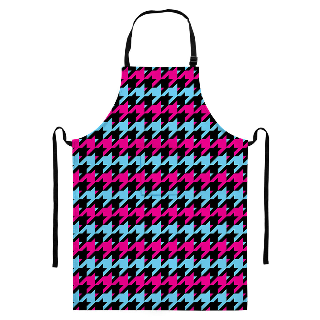 Pink Blue And Black Houndstooth Print Bib Apron With Pocket