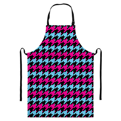 Pink Blue And Black Houndstooth Print Bib Apron With Pocket