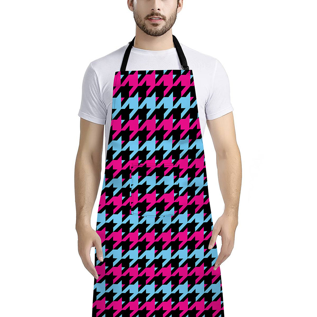 Pink Blue And Black Houndstooth Print Bib Apron With Pocket
