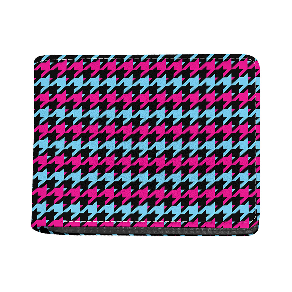 Pink Blue And Black Houndstooth Print Bifold Wallet