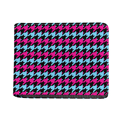 Pink Blue And Black Houndstooth Print Bifold Wallet