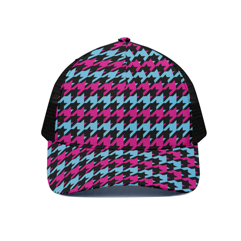 Pink Blue And Black Houndstooth Print Black Mesh Trucker Cap
