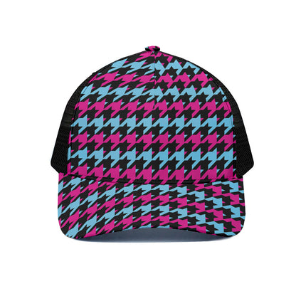 Pink Blue And Black Houndstooth Print Black Mesh Trucker Cap