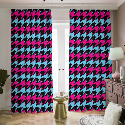 Pink Blue And Black Houndstooth Print Blackout Pencil Pleat Curtains