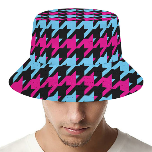Pink Blue And Black Houndstooth Print Bucket Hat