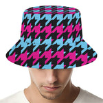 Pink Blue And Black Houndstooth Print Bucket Hat
