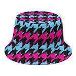 Pink Blue And Black Houndstooth Print Bucket Hat