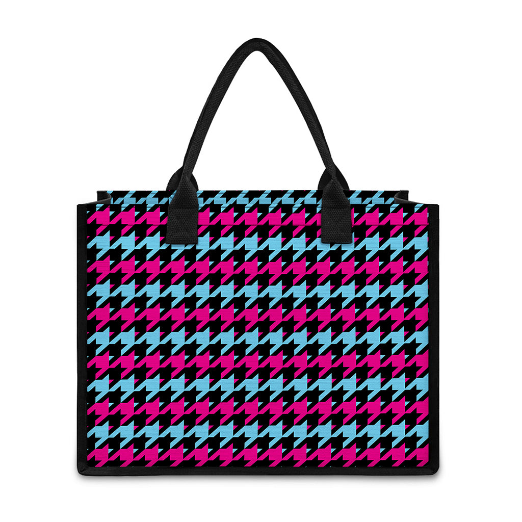 Pink Blue And Black Houndstooth Print Canvas Tote Bag