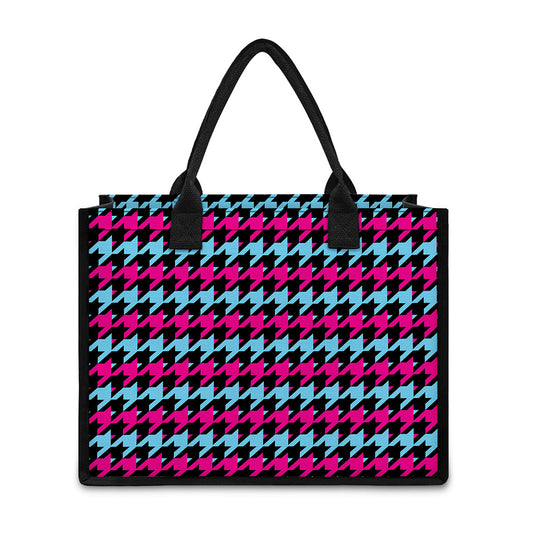 Pink Blue And Black Houndstooth Print Canvas Tote Bag
