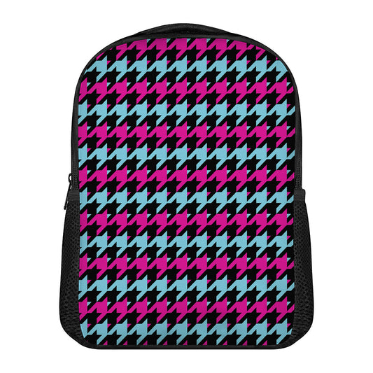 Pink Blue And Black Houndstooth Print Casual Backpack