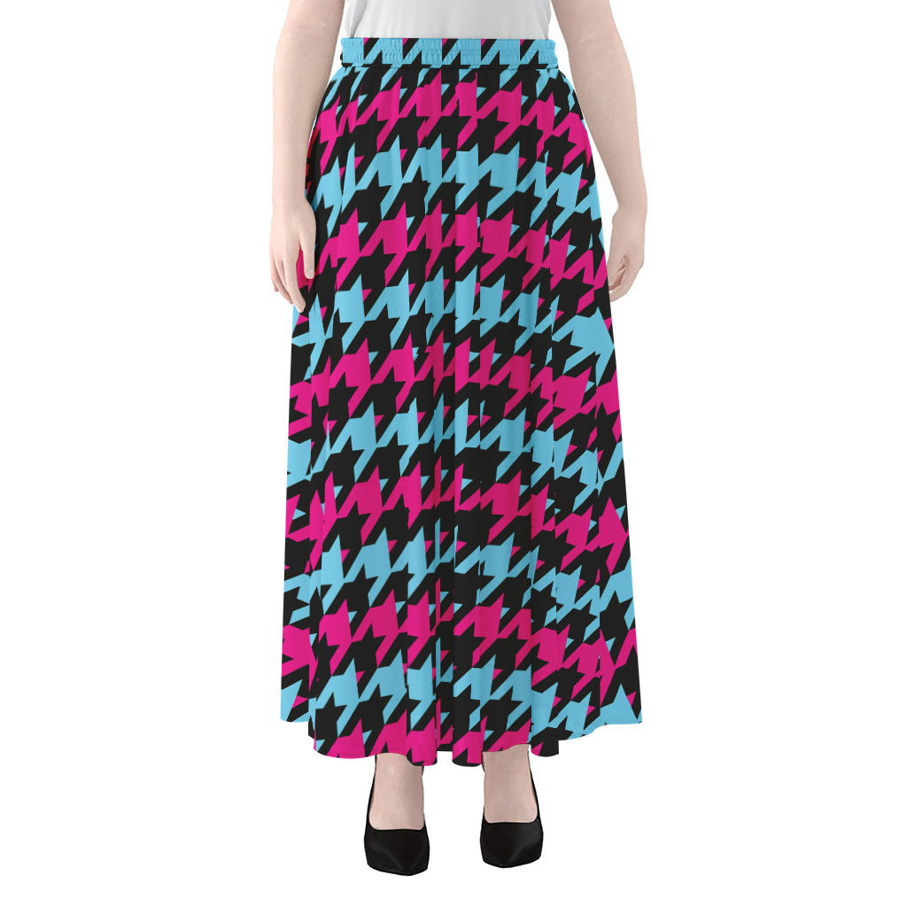 Pink Blue And Black Houndstooth Print Chiffon Maxi Skirt