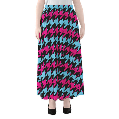 Pink Blue And Black Houndstooth Print Chiffon Maxi Skirt