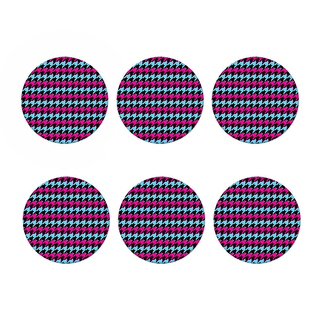 Pink Blue And Black Houndstooth Print Coaster Set