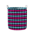 Pink Blue And Black Houndstooth Print Collapsible Laundry Basket