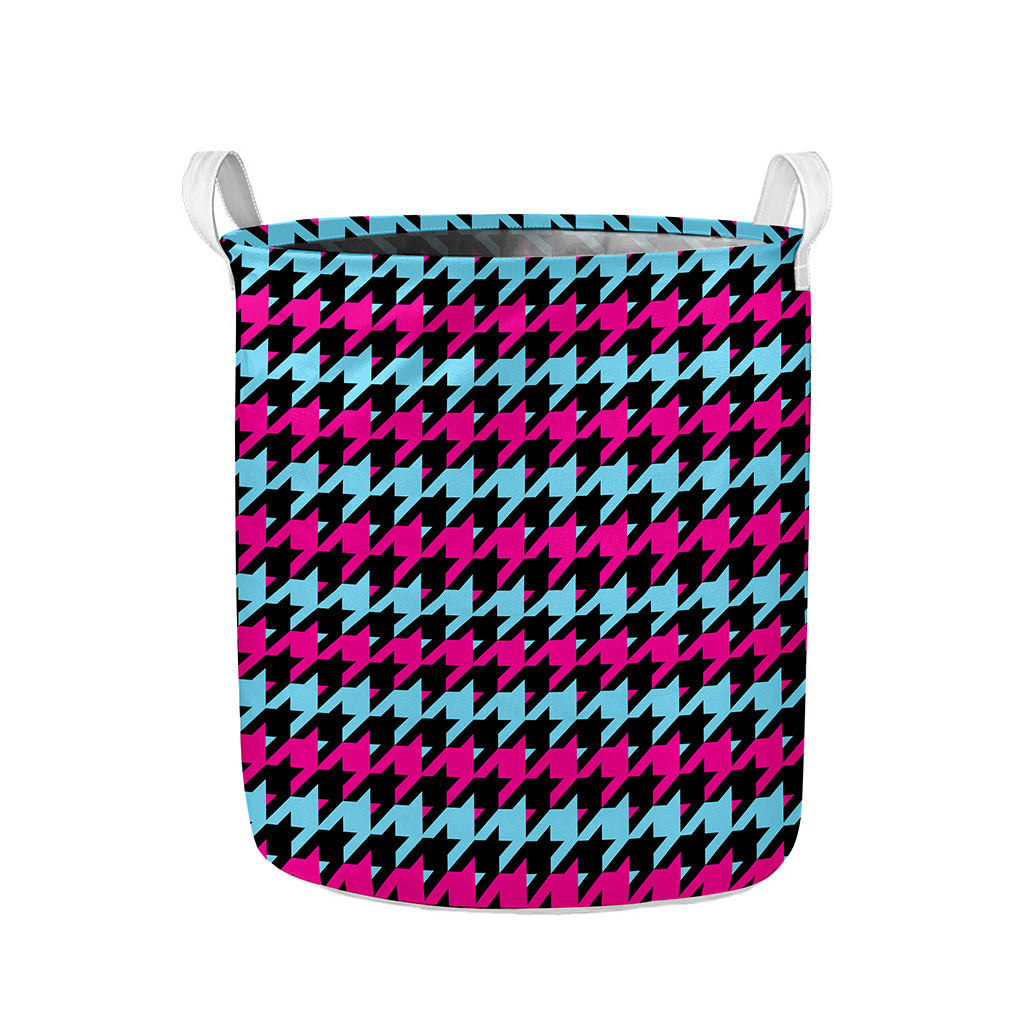 Pink Blue And Black Houndstooth Print Collapsible Laundry Basket