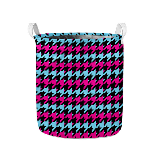 Pink Blue And Black Houndstooth Print Collapsible Laundry Basket