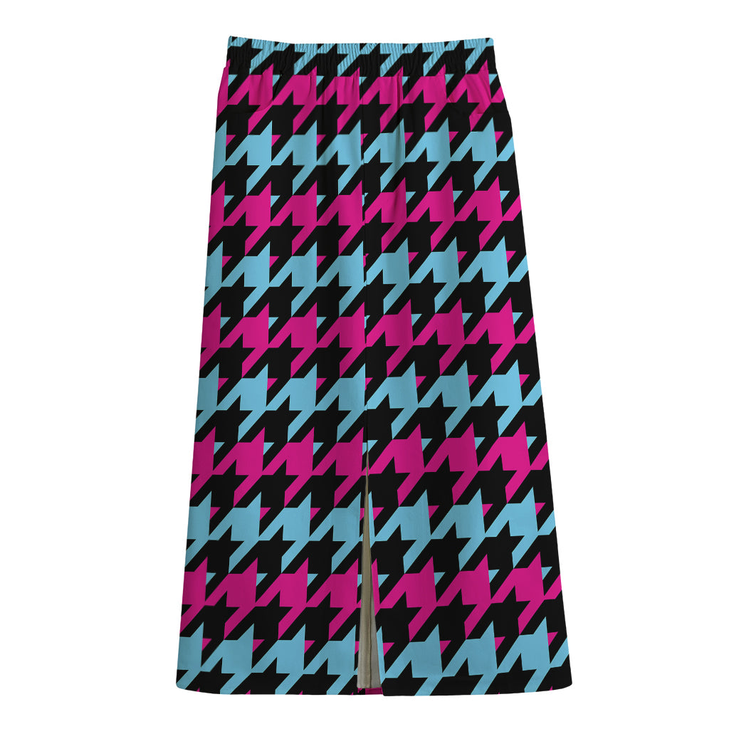 Pink Blue And Black Houndstooth Print Cotton Front Slit Maxi Skirt