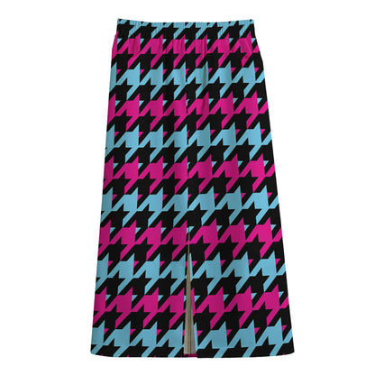 Pink Blue And Black Houndstooth Print Cotton Front Slit Maxi Skirt