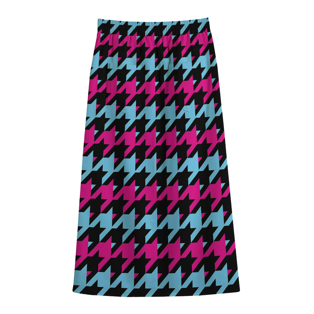 Pink Blue And Black Houndstooth Print Cotton Front Slit Maxi Skirt