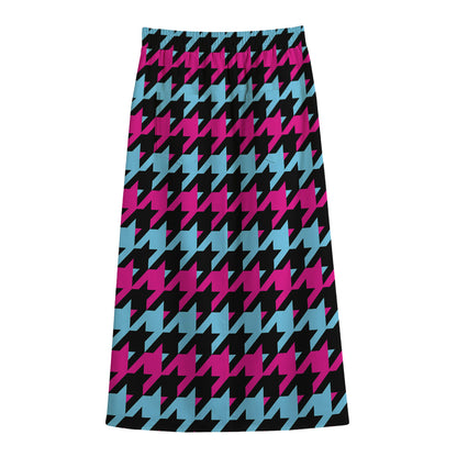 Pink Blue And Black Houndstooth Print Cotton Front Slit Maxi Skirt