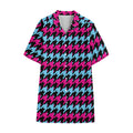 Pink Blue And Black Houndstooth Print Cotton Hawaiian Shirt