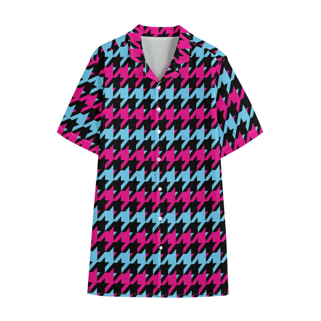 Pink Blue And Black Houndstooth Print Cotton Hawaiian Shirt