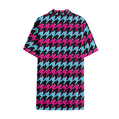 Pink Blue And Black Houndstooth Print Cotton Hawaiian Shirt